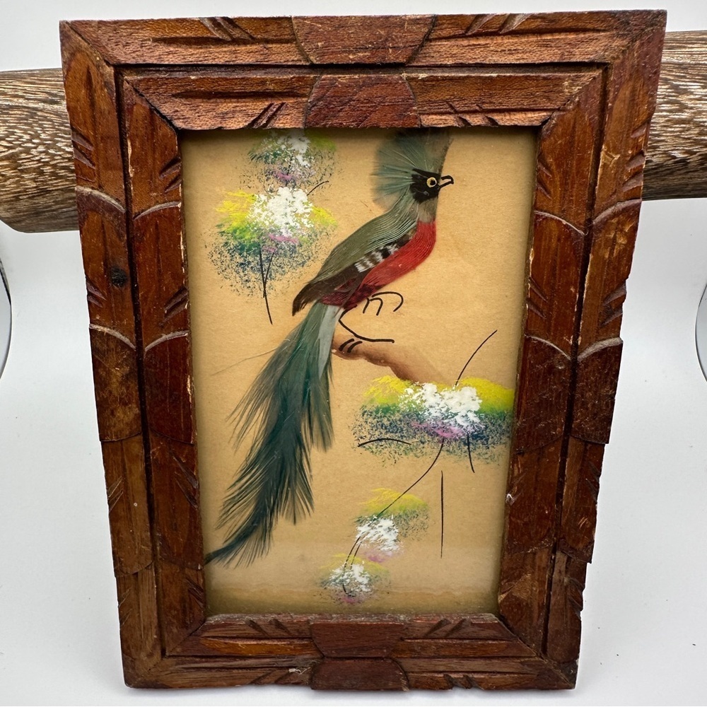 Vibrant Vintage Mexican Folk Art Feather Craft Blue Bird Picture Carved Frame